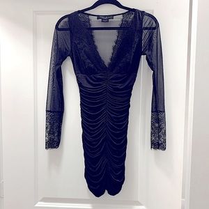 Guess Marciano eyelash lace ruched long sleeve dress sheer panel backless